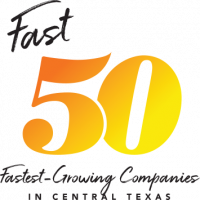 Fast 50 Logo for Fastest Growing Companies in Central Texas. The font color of 50 is gold while the rest is black.